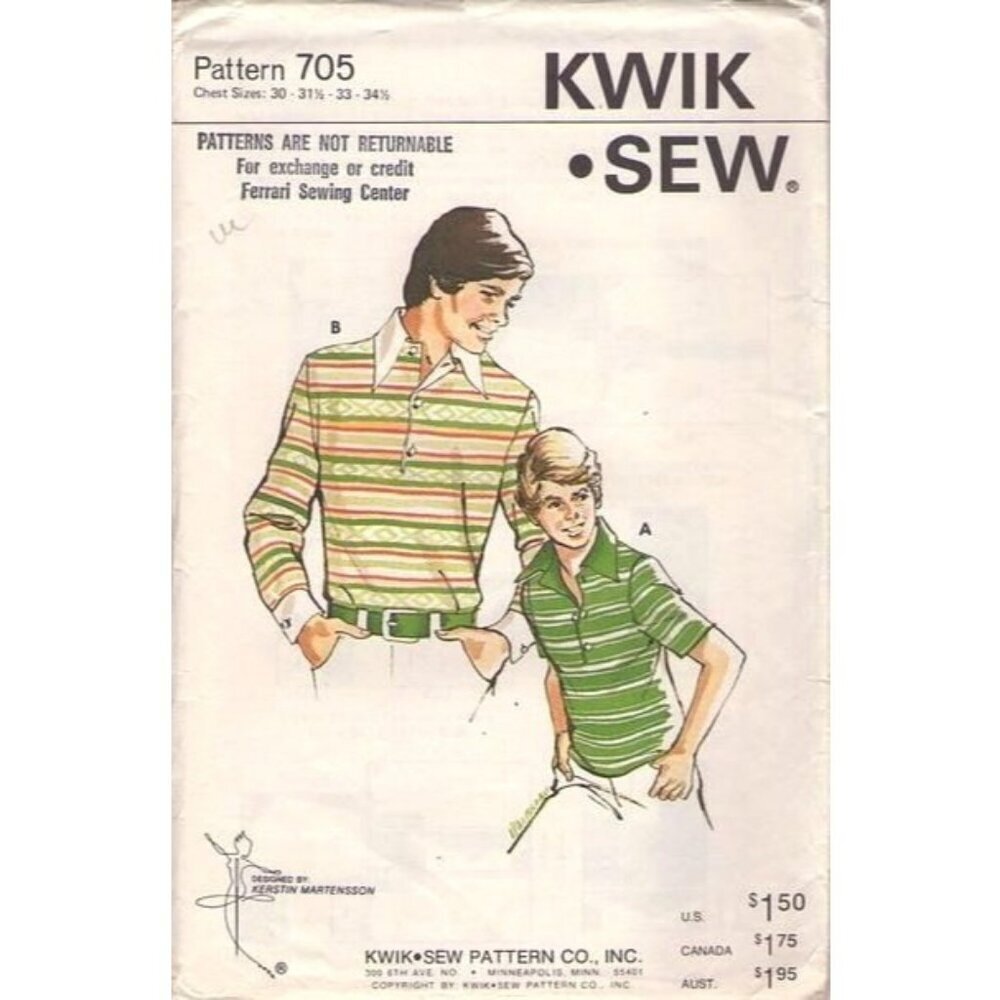 Sewing‎ Pattern Kwik Sew 705 Rugby Shirt Mens Juniors Size 30-34.5 Chest